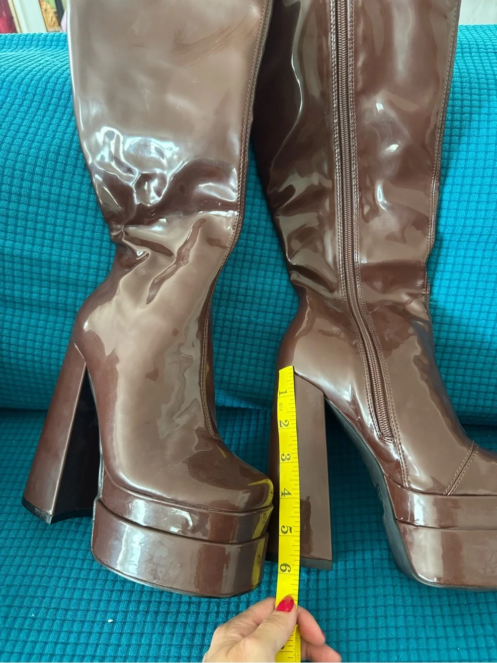 Chocolate Brown Patent Platform Knee High Boots Y2K Bratz 6” Heel. Never worn